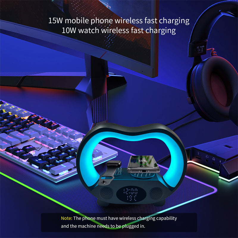 AuraGlow 6-in-1 Smart Station: Wireless Charger, Speaker & RGB Lamp
