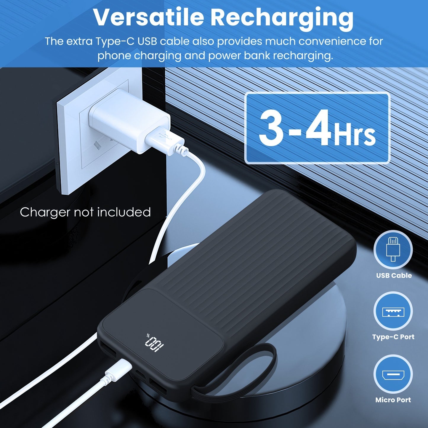 All-in-One 20000mAh Power Bank with Built-in Cables & 22.5W Fast Charging