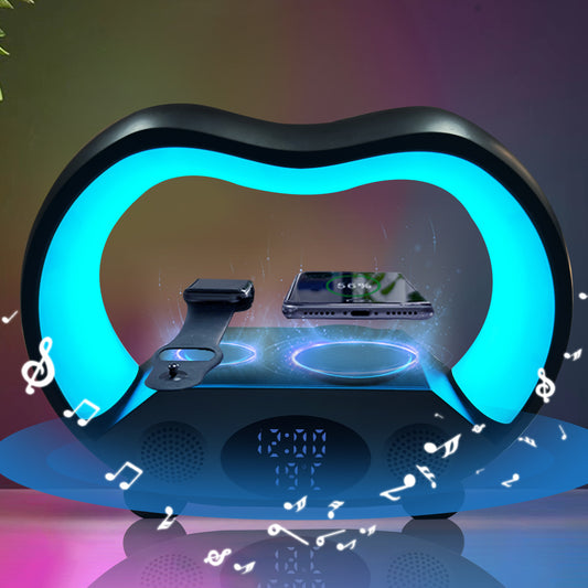 AuraGlow 6-in-1 Smart Station: Wireless Charger, Speaker & RGB Lamp