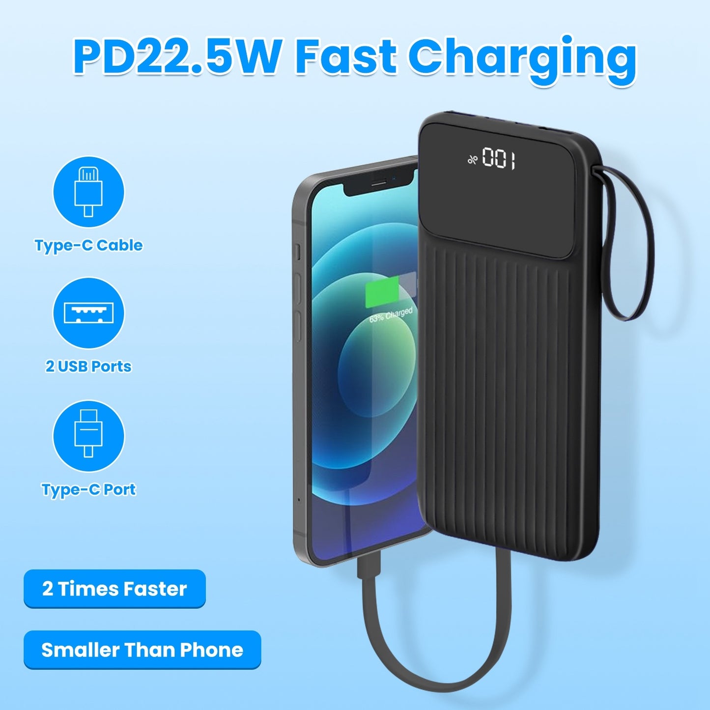 All-in-One 20000mAh Power Bank with Built-in Cables & 22.5W Fast Charging