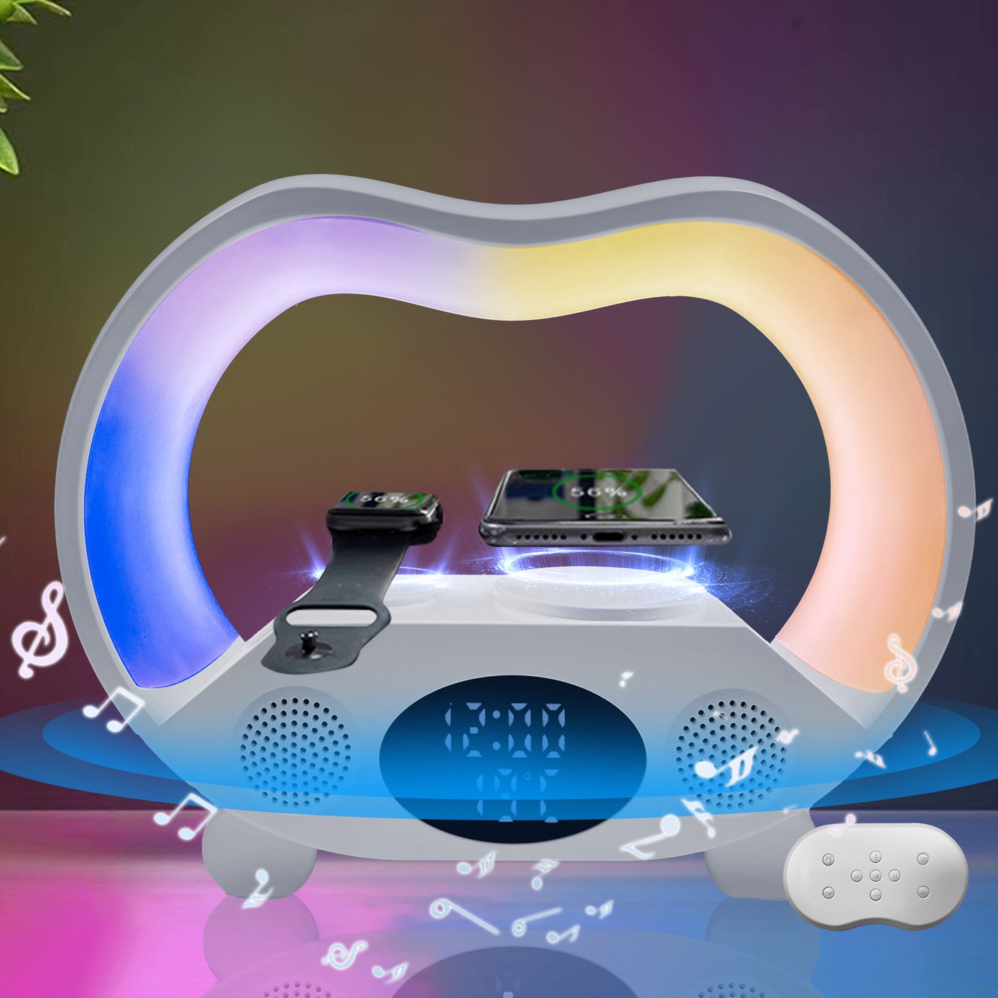 AuraGlow 6-in-1 Smart Station: Wireless Charger, Speaker & RGB Lamp