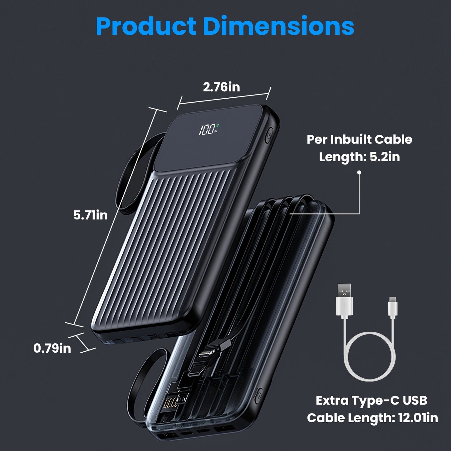 All-in-One 20000mAh Power Bank with Built-in Cables & 22.5W Fast Charging