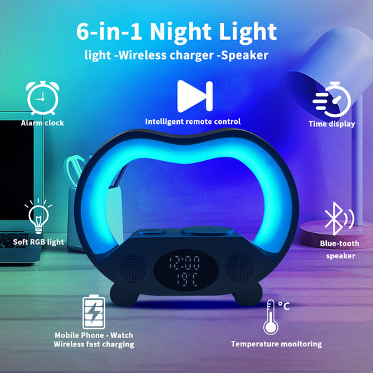 AuraGlow 6-in-1 Smart Station: Wireless Charger, Speaker & RGB Lamp
