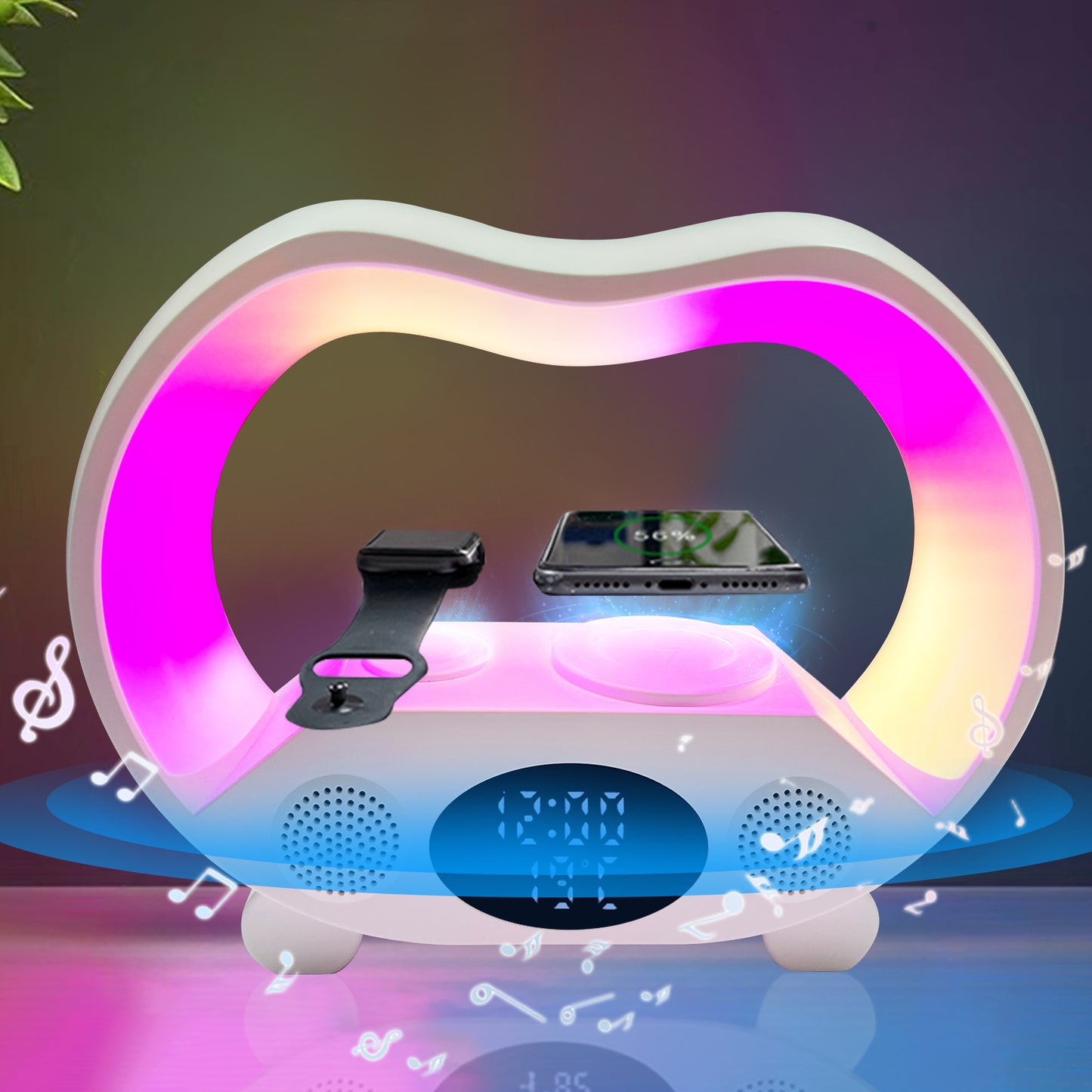AuraGlow 6-in-1 Smart Station: Wireless Charger, Speaker & RGB Lamp