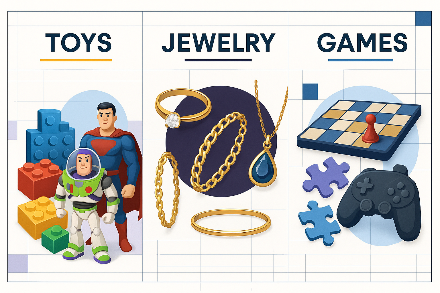 toys jewerly and games product banner follow the same chart graphic of the logo