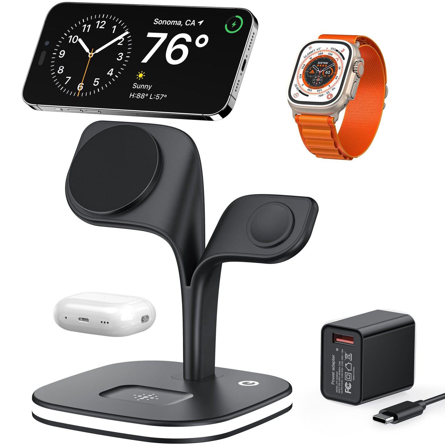Leaf 5-in-1 Magnetic Charging Station with Night Light for Apple Devices