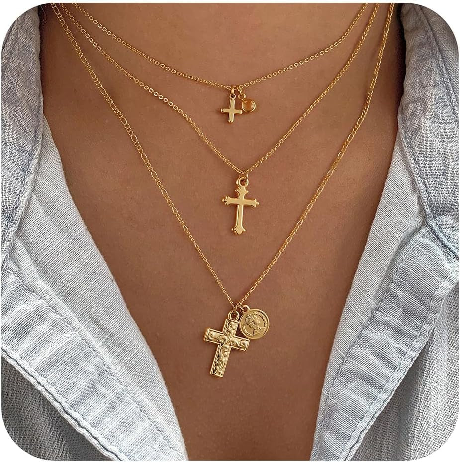 Cross Necklace for Women - Dainty Cute Bubble 3D Cross Pendant Necklace Sideways Cross Choker Layered 14K Real Gold Plated Cross Necklace Gifts for Women Girls
