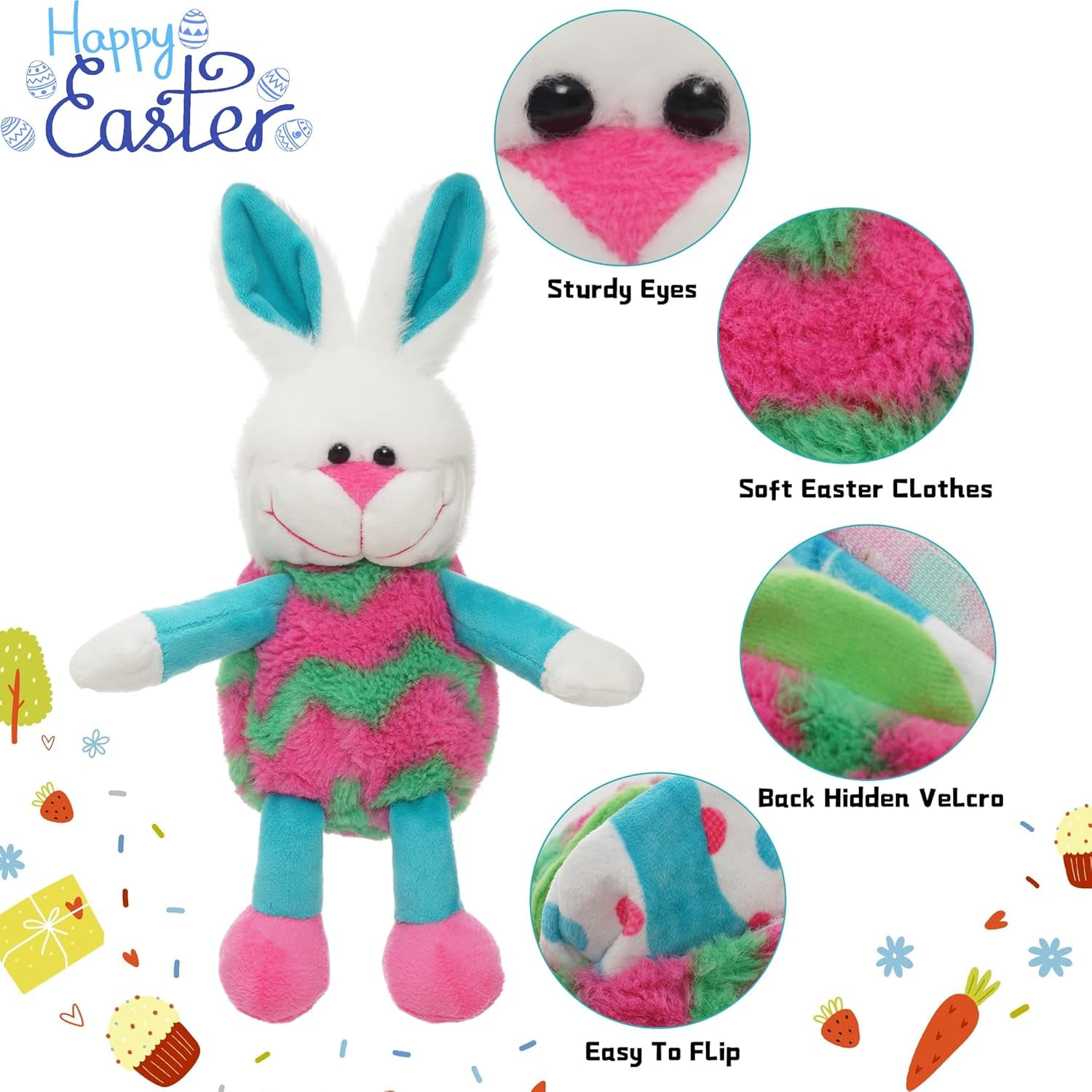 Eggs Filled with Stuffed Animal, 12" Reversible Rabbit Plush, Easter Bunny Toys for Girls Boys Kids Babies - Great Gifts/Decorations