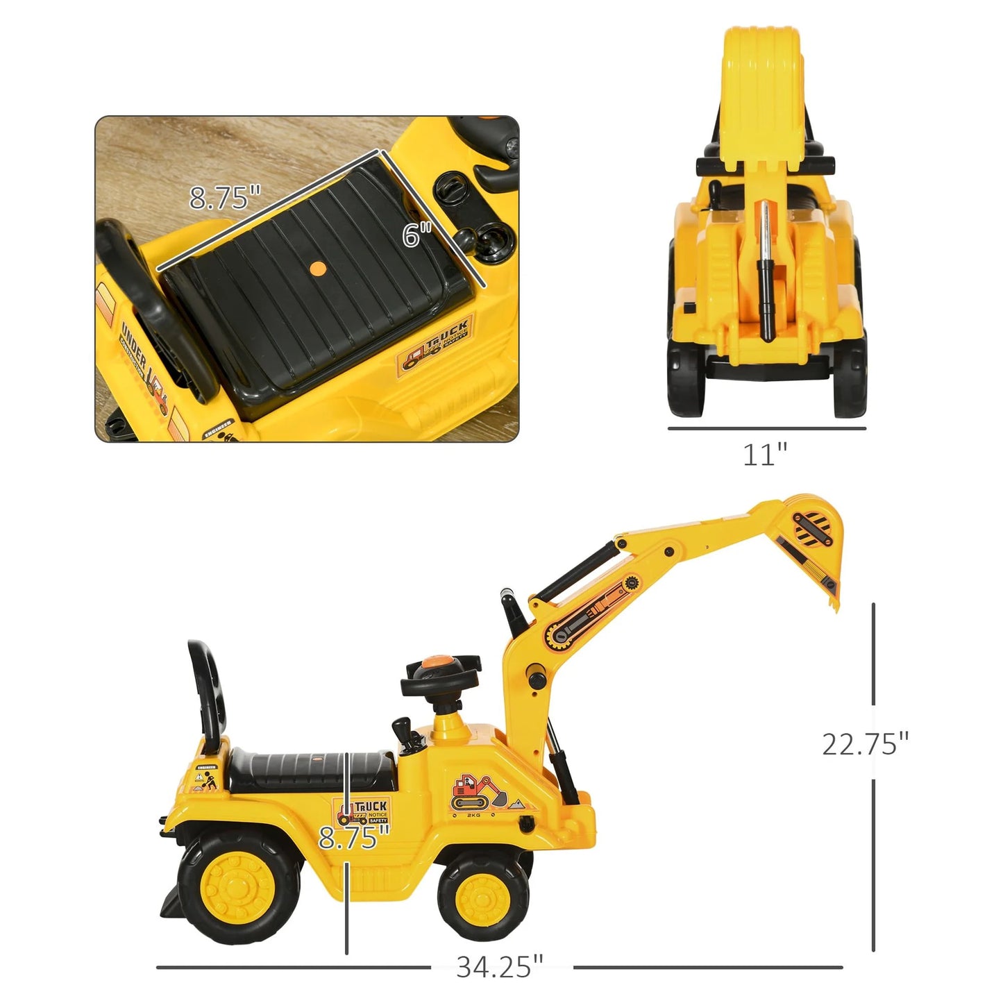 NO Power 3 in 1 Ride on Toy Excavator Digger Scooter Pulling Cart Pretend Play Construction Truck
