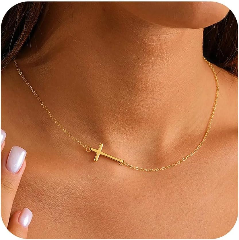 Cross Necklace for Women - Dainty Cute Bubble 3D Cross Pendant Necklace Sideways Cross Choker Layered 14K Real Gold Plated Cross Necklace Gifts for Women Girls