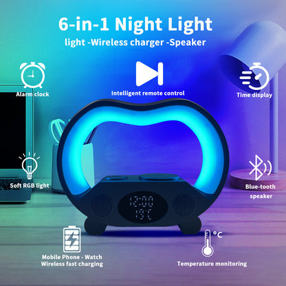 AuraGlow 6-in-1 Smart Station: Wireless Charger, Speaker & RGB Lamp