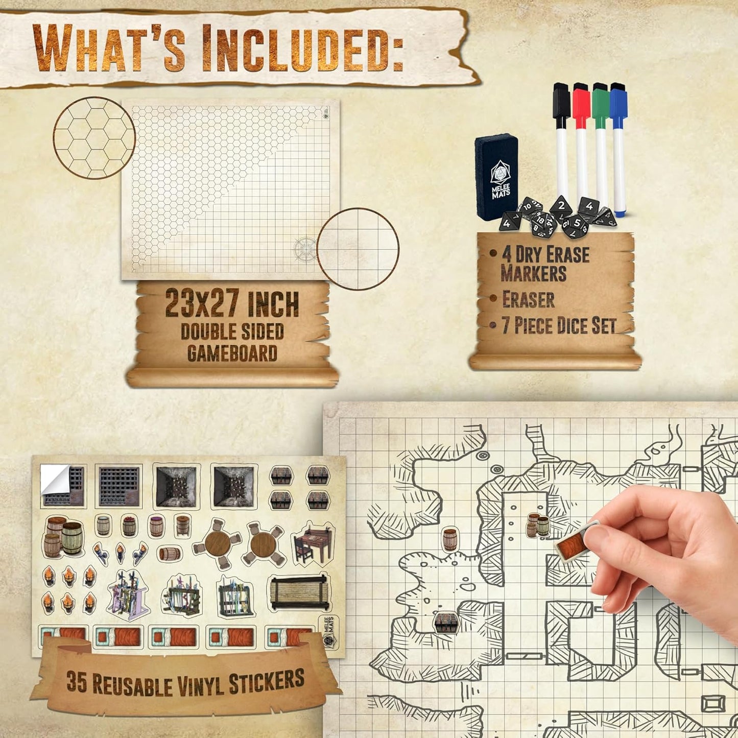 DND Map Starter Kit - 23” X 27" Double Sided, Wet/Dry Erase Battle Terrain Grid - Ultimate Tabletop Board Gaming Experience with Accessories