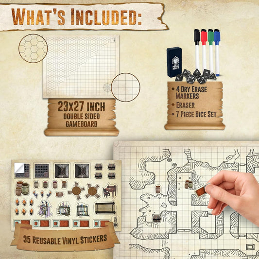 DND Map Starter Kit - 23” X 27" Double Sided, Wet/Dry Erase Battle Terrain Grid - Ultimate Tabletop Board Gaming Experience with Accessories