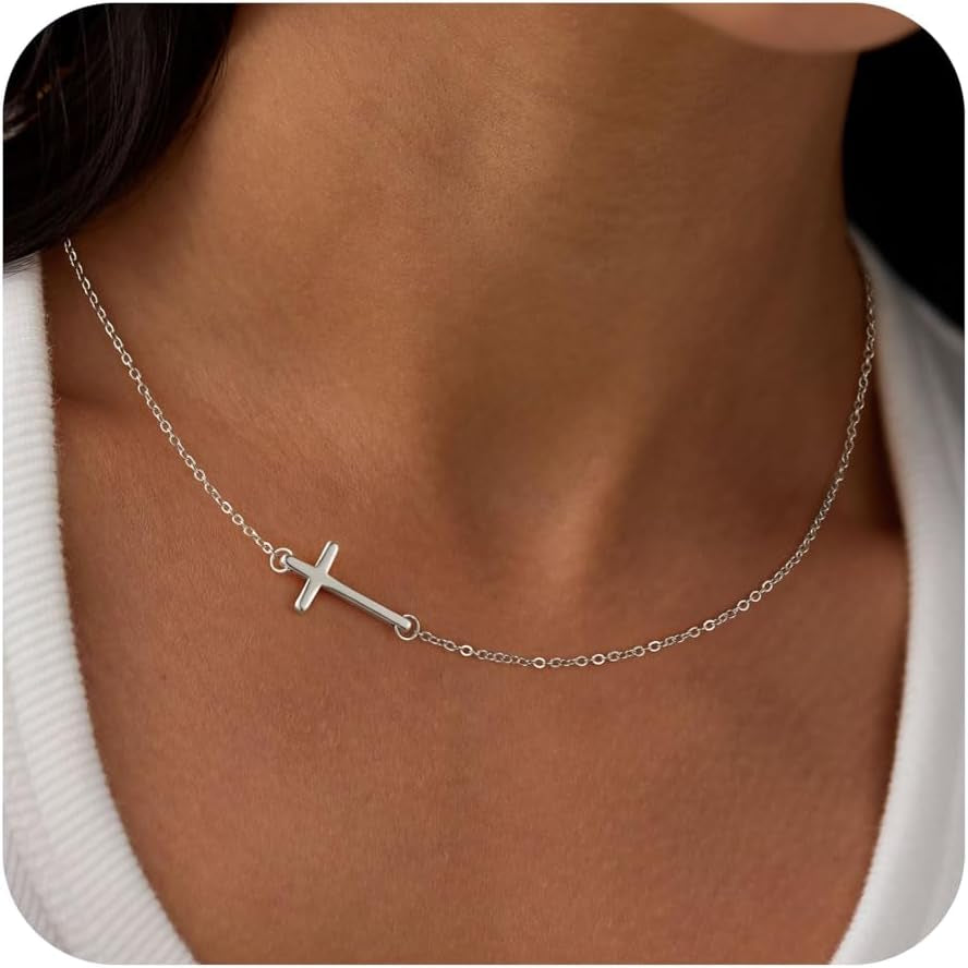 Cross Necklace for Women - Dainty Cute Bubble 3D Cross Pendant Necklace Sideways Cross Choker Layered 14K Real Gold Plated Cross Necklace Gifts for Women Girls