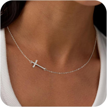 Cross Necklace for Women - Dainty Cute Bubble 3D Cross Pendant Necklace Sideways Cross Choker Layered 14K Real Gold Plated Cross Necklace Gifts for Women Girls