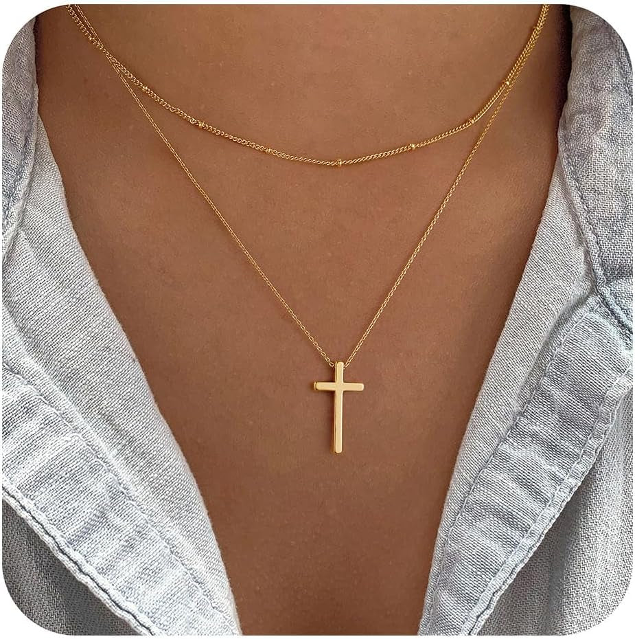 Cross Necklace for Women - Dainty Cute Bubble 3D Cross Pendant Necklace Sideways Cross Choker Layered 14K Real Gold Plated Cross Necklace Gifts for Women Girls