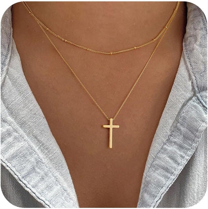 Cross Necklace for Women - Dainty Cute Bubble 3D Cross Pendant Necklace Sideways Cross Choker Layered 14K Real Gold Plated Cross Necklace Gifts for Women Girls