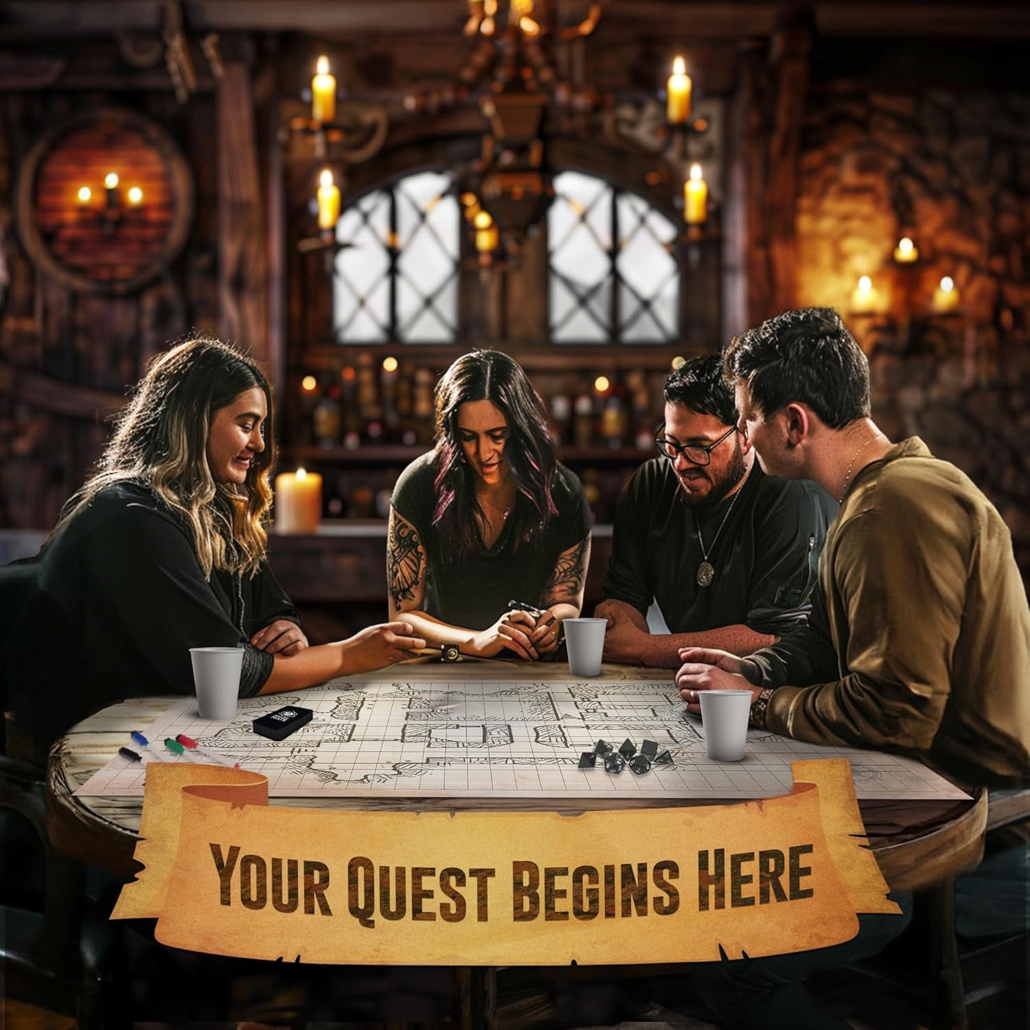 DND Map Starter Kit - 23” X 27" Double Sided, Wet/Dry Erase Battle Terrain Grid - Ultimate Tabletop Board Gaming Experience with Accessories