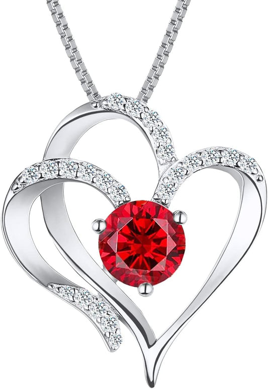 Love Heart Necklace for Women 925 Sterling Silver Gold Plated Zirconia Birthstone Pendant Necklaces for Mother Wife Birthday Christmas Jewelry Gift
